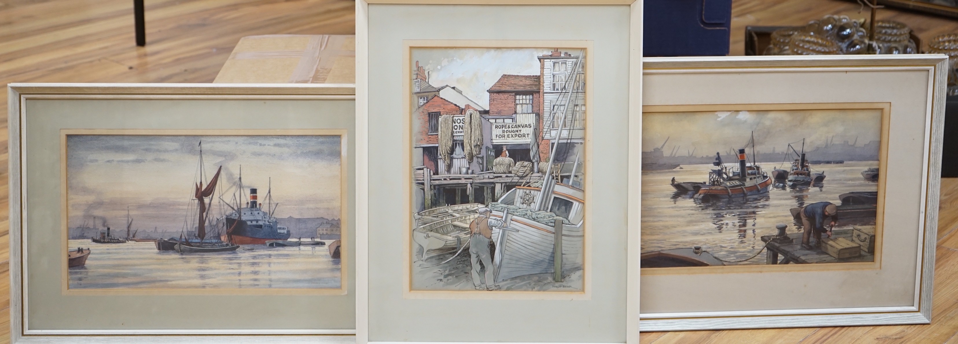 Philip Bear (b.1932), three watercolours, 'Dredging', 'Greenwich Riverside' and 'Shipping in harbour', signed, largest 23 x 40cm
